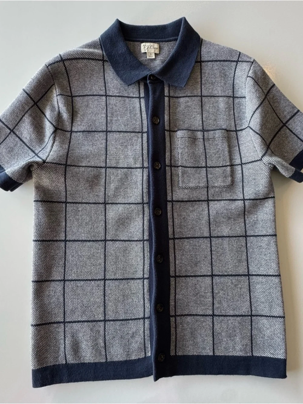 J. Crew Cotton Jacquard Navy Grid Short-Sleeve Button Retro Polo Cardigan SMALL
